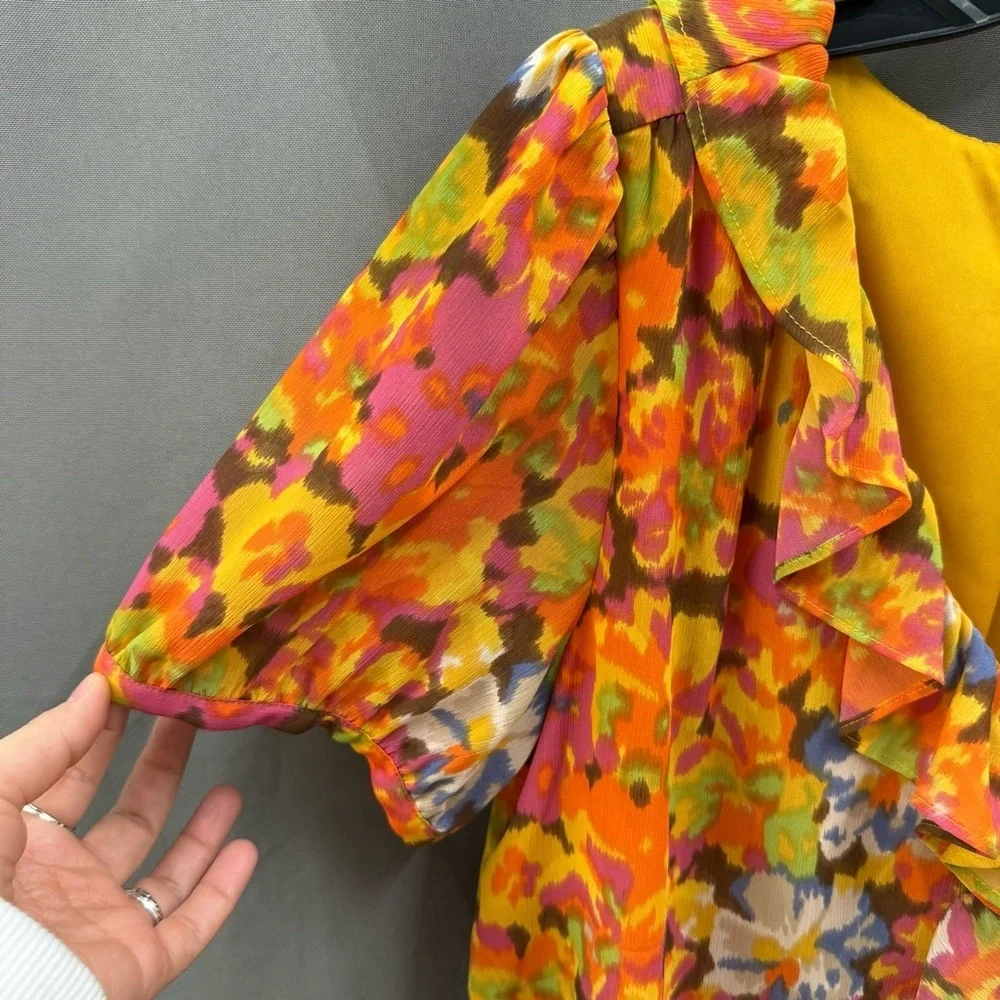 J. Crew Vibrant Floral Ruffle Blouse - Pink, Orange, Yellow